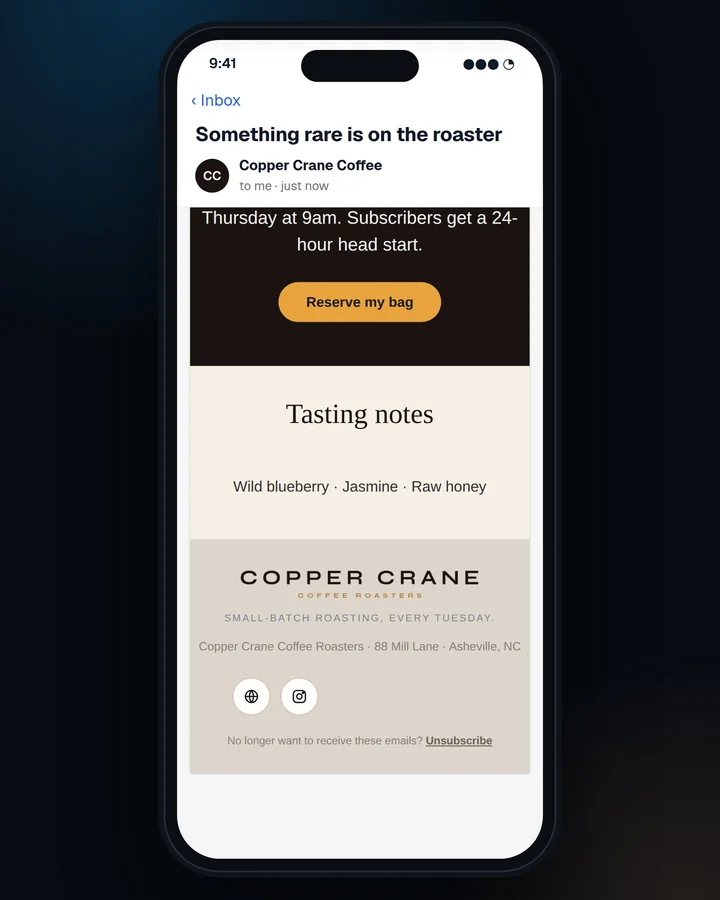 The finished coffee email arriving in a customer's inbox and being opened
