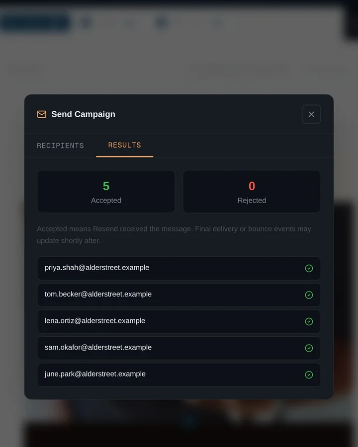 Adding five recipients, choosing an email and sending it from Seqoura, with delivery results