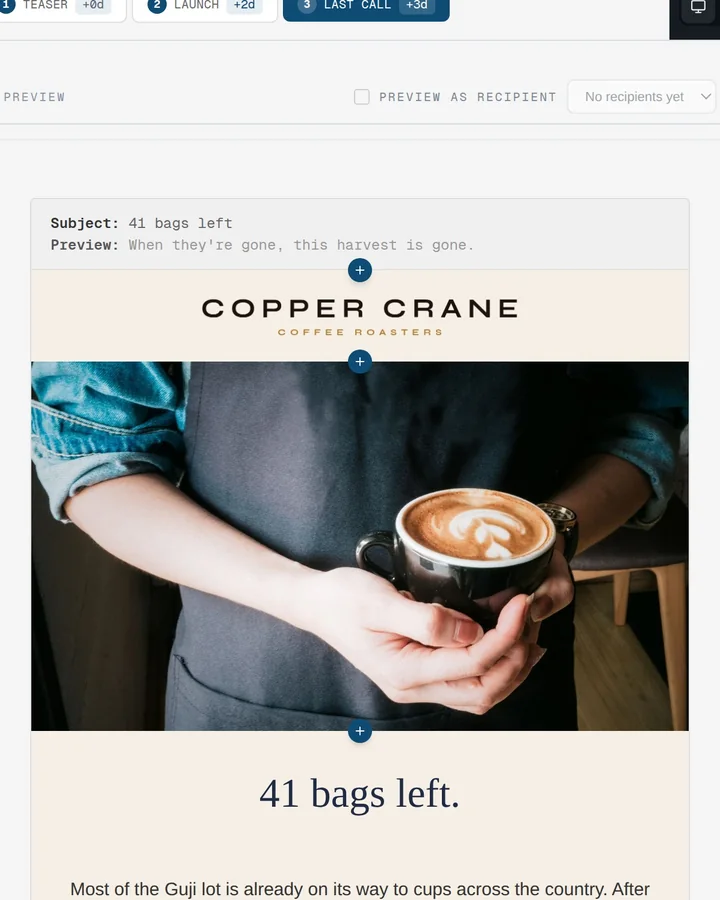 A one-line brief typed into Seqoura turning into a three-email coffee launch campaign