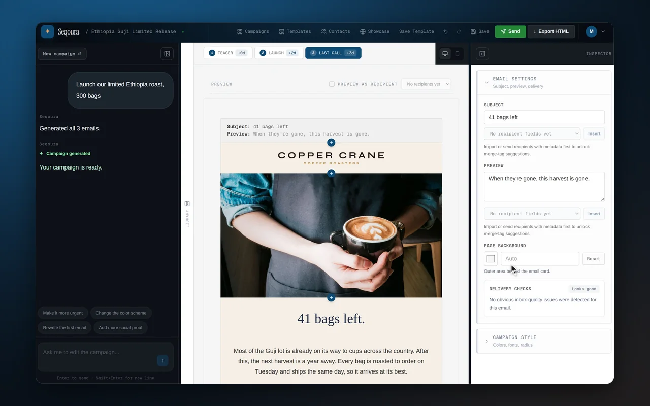 A one-line brief typed into Seqoura turning into a three-email coffee launch campaign
